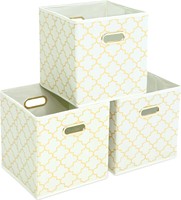 Cubes de rangement pliables en tissu blanc crème doré, 3 pièces, avec poignées en acier inoxydable, pour organiser les vêtements, les jouets, les livres, les chaussures et les sacs