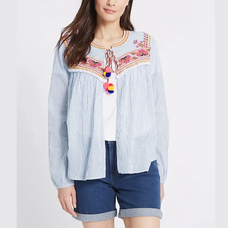Blusa de algodão para mulheres, camisa nova de algodão desenhada floral