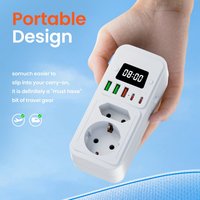 Adaptador de Enchufe Portátil con Reloj, Adaptador Multi-Enchufe con 3 Puertos USB-A y 2 Puertos Tipo-C, Regleta de Alimentación Multifuncional para Viajes