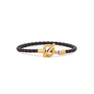 Fashion Jewelry 18k Gold Stainless Steel Clasp Genuine Leather Bracelet