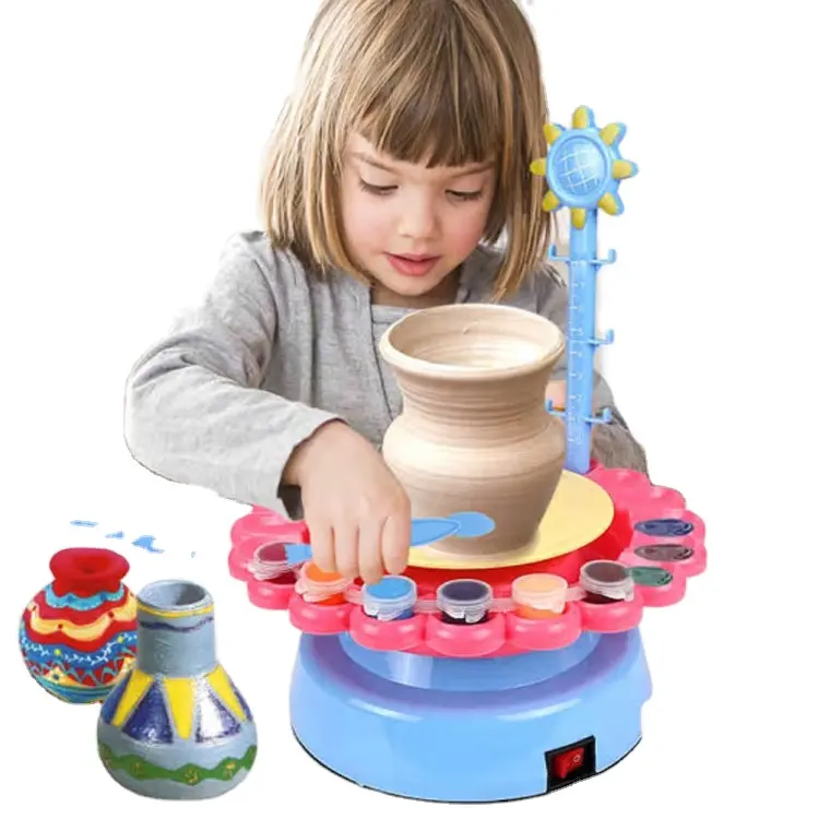 Educational DIY Creative Art Machine Kids Pottery Wheel Toys Set Air Dry Soft Modeling Molding Clay Pottery Wheel Craft Kit