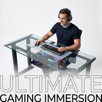 Bureau de jeu en aluminium AOR en gros avec design moderne, plateau en verre transparent, support pour ordinateur, hauteur réglable et extensible