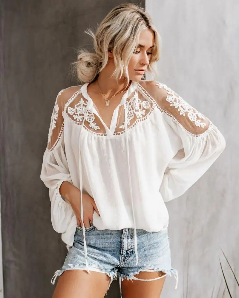 2021 Latest Design chiffon blouse shirt tops loose clothes Long Sleeve Lace Floral V Neck Women's Blouses