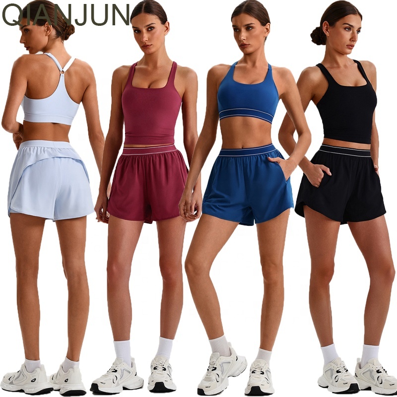 Custom Logo Nude Feeling 3-Piece Yoga Set Women Breathable Running Sports Shorts Fitness Gym Yoga Set