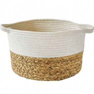 Panier de rangement en coton tressé avec poignée en paille, panier de rangement pour vêtements, jouets, dessus de table - Product Image 1