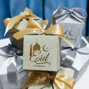 Mubarak Candy Box Ramadan Square Ribbon Cracker Box para Eid Partido Muçulmano Eid al Fitr Decorações Eid Gift Packaging(Gold)