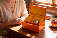 Boîte de rangement à bijoux en bois massif orange de grande valeur : une boîte en bois pour l'organisation classifiée des montres et des accessoires