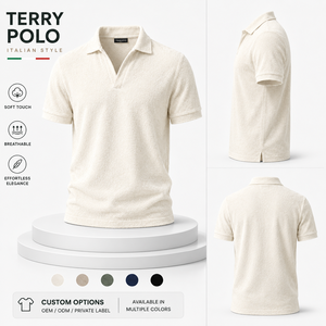 Polo de punto ligero de algodón mezclado para hombre, personalizado, de felpa francesa, sin botones, con cuello en V, estilo playero y resort - Product Image 3