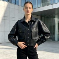 Veste de travail courte en PU pour femme, col chemise, poches plaquées, épaules tombantes, noire, avec logo personnalisé, manteau de mode quotidien pour femme