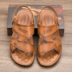 Sandales pour hommes à brides croisées en cuir de vachette première couche, bout ouvert, semelle extérieure en caoutchouc, respirantes, chaussures décontractées d'été - Product Image 1