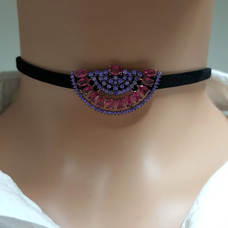 925 Sterling Silver Choker Jewellery Leather Black Marquise Collar Necklace Red and Purple Rhinestone Choker