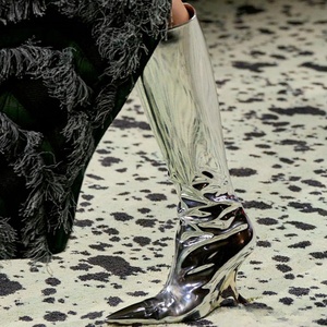 Silver Patent Women Knee High Boots Thin Heel Strange Wedges Shoes Pointed Toe on Women's Stage <b>Long</b> Booties - Product Image 1