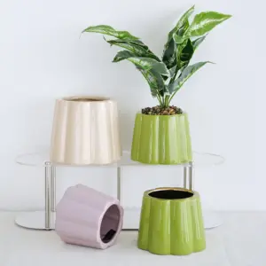 2023批发手工制作时尚室内陶瓷花盆花形粉色紫色绿色釉面植物花盆