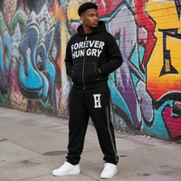 Ensemble survêtement QYOURECLO personnalisé avec pantalon évasé et sweat à capuche, effet délavé vintage, imprimé strass, style streetwear automne pour homme