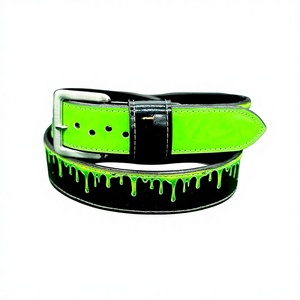 Ceinture de baseball réversible en cuir de vachette avec imprimé goutte de peinture vert fluo, base noire, boucle rectangulaire argentée, style décontracté - Product Image 1