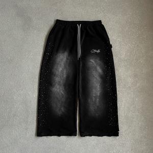 <strong>Custom</strong> 100% Cotton Heavyweight Vintage Acid Wash Pants Distressed Raw Hem Oversized Stacked Baggy Rhinestone Sweatpants - Product Image 1