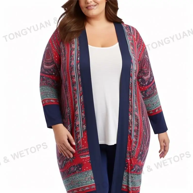 Custom Clothing Manufacturers Womens Pattern Oversized Plus Size Loose Open Front Lightweight Ladies Long Cardigan Sweater