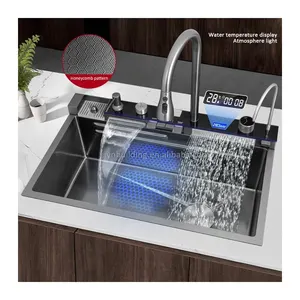 Anti-Scratch 304 Stainless Steel Sink Kitchen Single Slot Multifunction LED Display Waterfall Kitchen Sink With Cup Washer