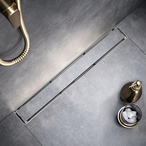 Drain de <span class=keywords><strong>douche</strong></span> linéaire rectangulaire moderne en acier inoxydable doré brossé, personnalisé en usine, avec couvercle à insert de carrelage plat pour salle de bain et hôtel - Product Image 5