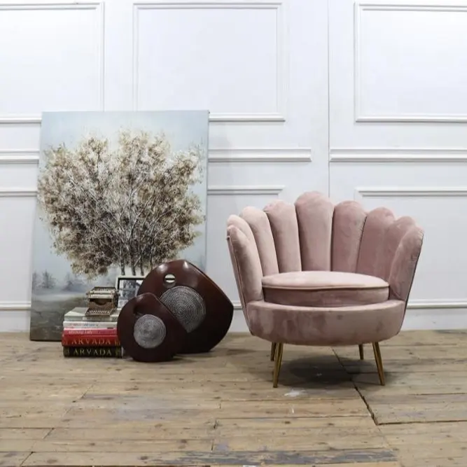 シンプルなデザインのホタテ椅子ピンク色のベルベットの指の椅子