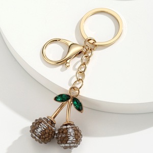 Wholesale Creative Diamond-encrusted Ball-shaped Cherry Car Key Chain Backpack Charm 3D Cute Colorful Cherry Keychain