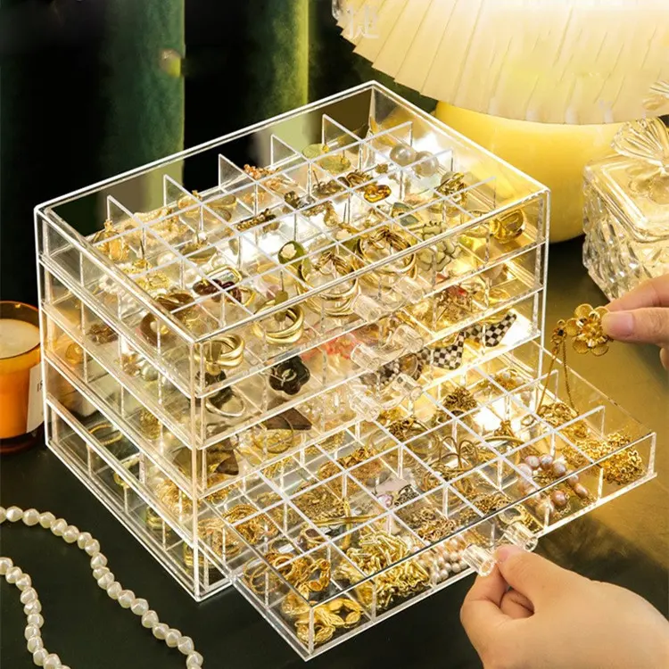 Organizador de joias, organizador de joias de multicamada e transparente, caixa de armazenamento com muitos compartimentos para mulheres, colar de brincos