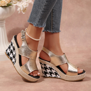 Sandales compensées pour femmes, personnalisables OEM/ODM, direct usine, couleur or métallisé unie, style espadrille, plateforme, bout ouvert, talon slingback - Product Image 3