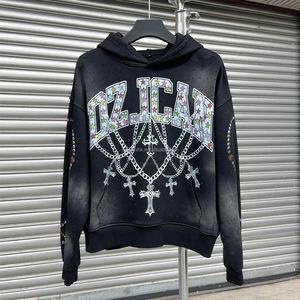 Vintage soleil délavé coton Streetwear imprimé à capuche unisexe surdimensionné strass à capuche lourd acide lavage graphique sweats à capuche - Product Image 1