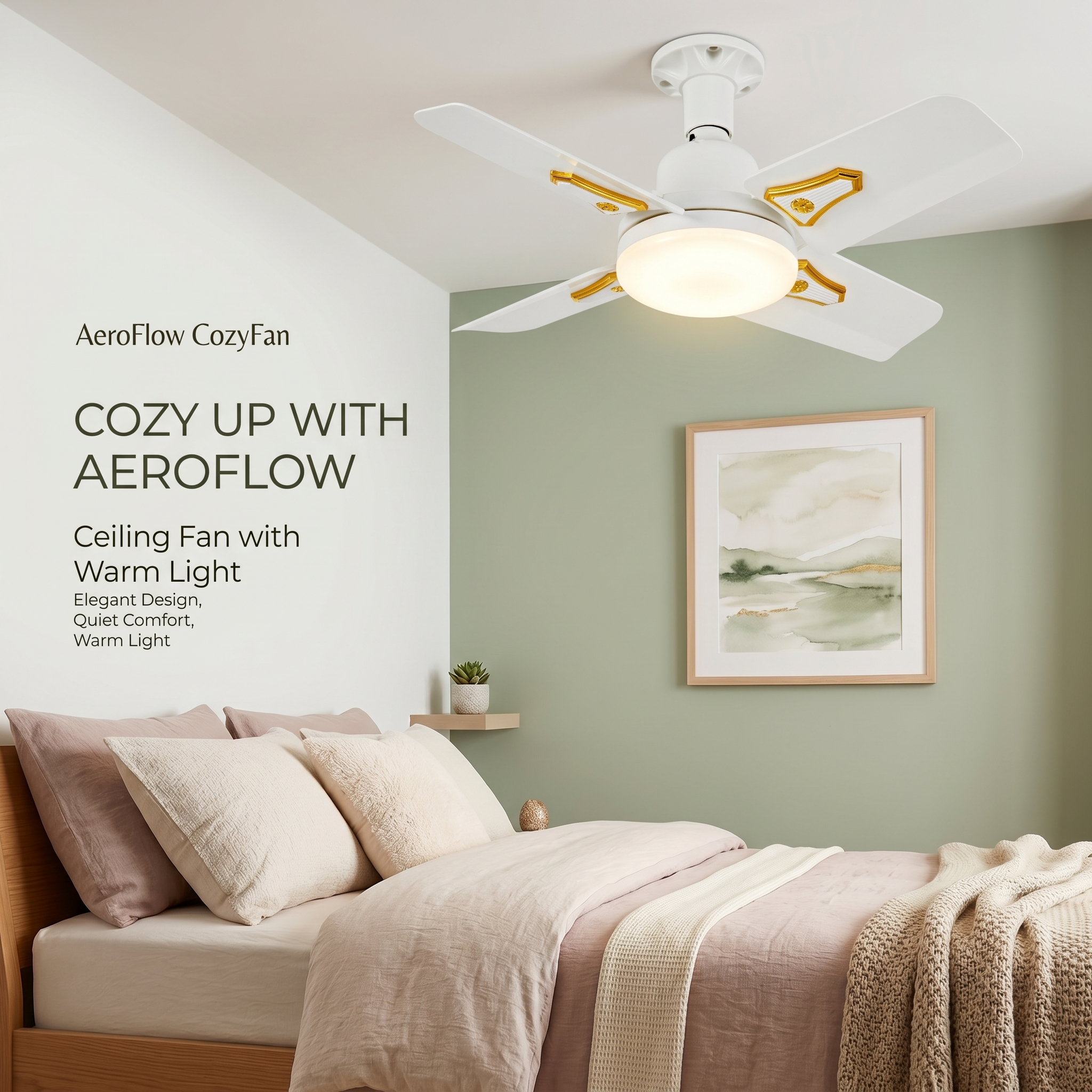 White 4-Blade Ceiling Fan with LED Light Gold Trim Luxury Flush Mount Fandelier Quiet Reversible Motor Remote Control for Room