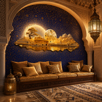 Horloge murale LED de luxe personnalisée en porcelaine cristalline avec rétroéclairage LED, motif Temple d'Or et Pleine Lune, pour la décoration de la maison et des hôtels
