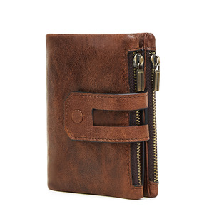 Cartera de cuero genuino para hombre, tarjetero corto antirrobo con doble cremallera, monedero informal para uso diario, color marrón - Product Image 4