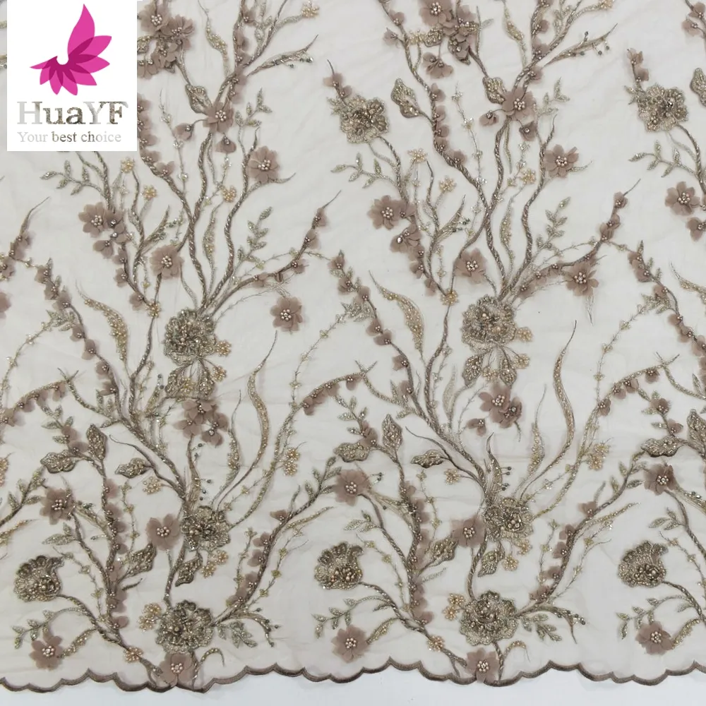 Luxe Franse Koffie Bruin 3d Bloem Pailletten Kralen Kant Met Fringe En Stenen Metalen Draad Bloemen Borduren Kant HY1353-3