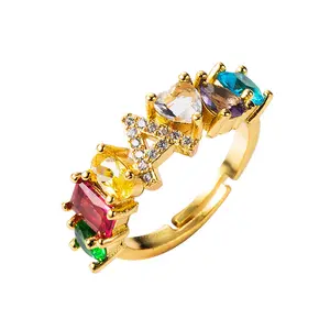 Creative Personality Gemstone REAL Gold Plated 26 LETTER Design Copper Rings Adjustable Crystal Rings INS Jewelry