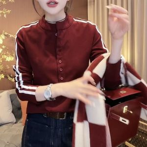Women's Stand-Up Collar Long Sleeve Knit <b>Top</b> Red And Black Polyester Soft Slim Fit Autumn Winter Inner <b>Layer</b> Wear - Product Image 4