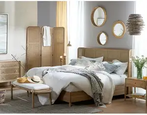 Dormitorio moderno nórdico personalizado con Cama grande, muebles de ratán de caña de madera, cama doble de ratán