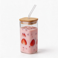 Gobelet en verre carré de 350 ml (12 oz) pour bière, cocktail, jus, lait, café glacé, thé, compatible avec le micro-ondes et le lave-vaisselle, avec couvercle en bambou et paille en verre
