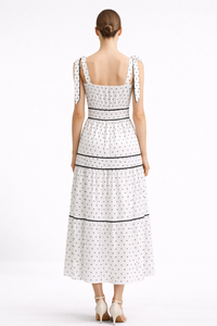 Vestido de lunares blanco de diseño original personalizado <span class=keywords><strong>para</strong></span> <span class=keywords><strong>mujer</strong></span>, elegante vestido maxi con lazo en el hombro y cintura fruncida, vestidos de lujo con volantes <span class=keywords><strong>para</strong></span> damas, OEM - Product Image 2