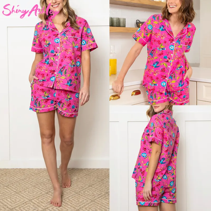 Custom Printed Women Matching Tshirt and Shorts Set Lounge Wear Pajamas Nightwear Two Pieces Set 100% Cotton Sleepwear Pyjamas