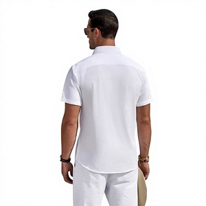 Chemise décontractée blanche à manches courtes pour homme, col boutonné, respirante, en lin/coton Dobby écologique, couleur unie, fermeture boutonnée sur le devant, idéale pour l'été - Product Image 2