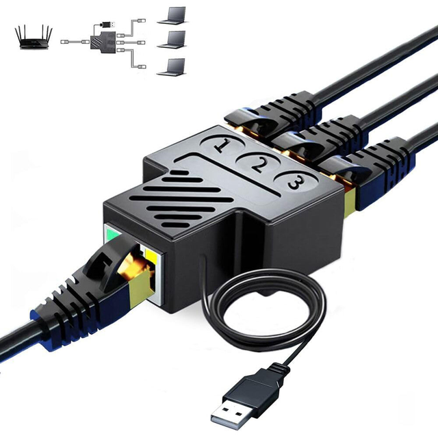 1 to 3 Ports RJ45 Ethernet Splitter Adapter 100Mbps LAN Extender with USB Power Simultaneous Networking for Cat5/6/7