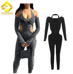 Fengway 2024 One Piece Hollow Out Jumpsuits Ribbed Slim Fit Bodysuits Sexy Backless Halter Jumpsuits For Women