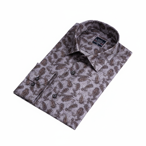 Chemise en polyester TR à manches longues, coupe ajustée, imprimée, avec détails tissés, couleur marron - Product Image 2