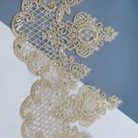 Bordure en dentelle à sequins en polyester de 24 cm de large, couleur or, pour robe de mariée, dentelle à cordonner