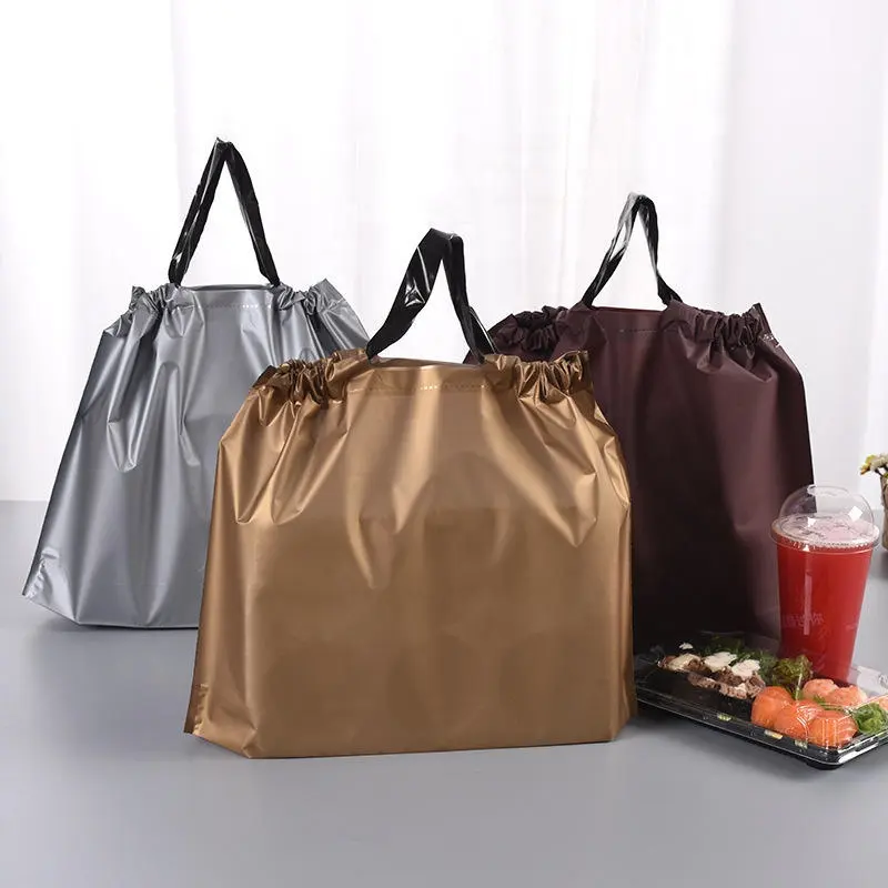 Custom Logo Takeaway Bag Fast Food Drawstring Tote Bag Plastic Laminated Drawstring Pocket Shopping Promotion Bag