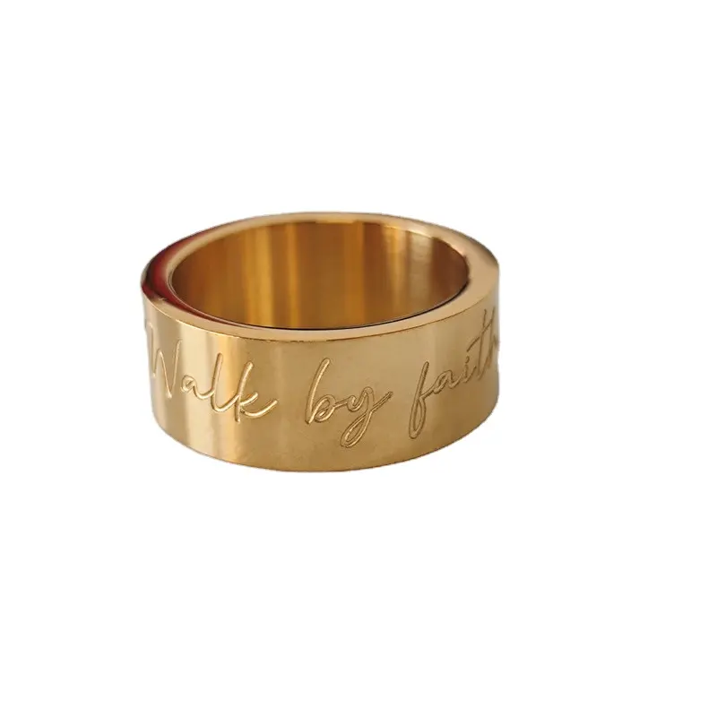 Custom quote deep engraved blank rings quality Gold plated Stainless steel ring walk by faith christian jewelry women men rings