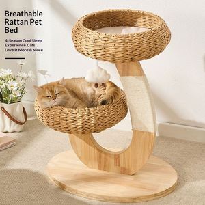 Arbre à chat moderne en rotin à deux niveaux avec paniers tressés, tour à chat en bois et griffoir en sisal pour la décoration intérieure - Product Image 1