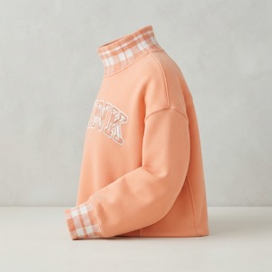 Sudadera de mujer rosa melocotón con letras, cuello alto a cuadros, hombros caídos, estilo casual, jersey de otoño, cuello simulado, clásica, 100% algodón - Product Image 2