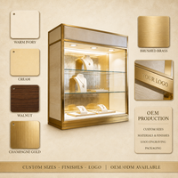 Vitrine à bijoux moderne sur mesure, haute, avec cadre doré, éclairage LED, vitrine en verre pour boutique, vente en gros