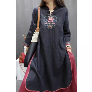 Chinese Style Cotton Linen Dress Mandarin Collar Embroidery Loose Fit Mid Length <b>Three</b> Quarter Sleeves Daily Wear Green Black - Product Image 2