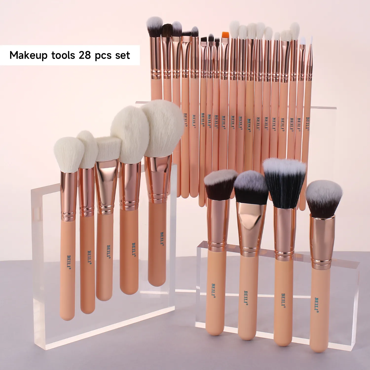 BEILI 28 pièces ensemble de pinceaux de maquillage en or Rose avec manche rose poils de chèvre fond de teint personnalisé Contour pinceaux à poudre pour les yeux marque privée